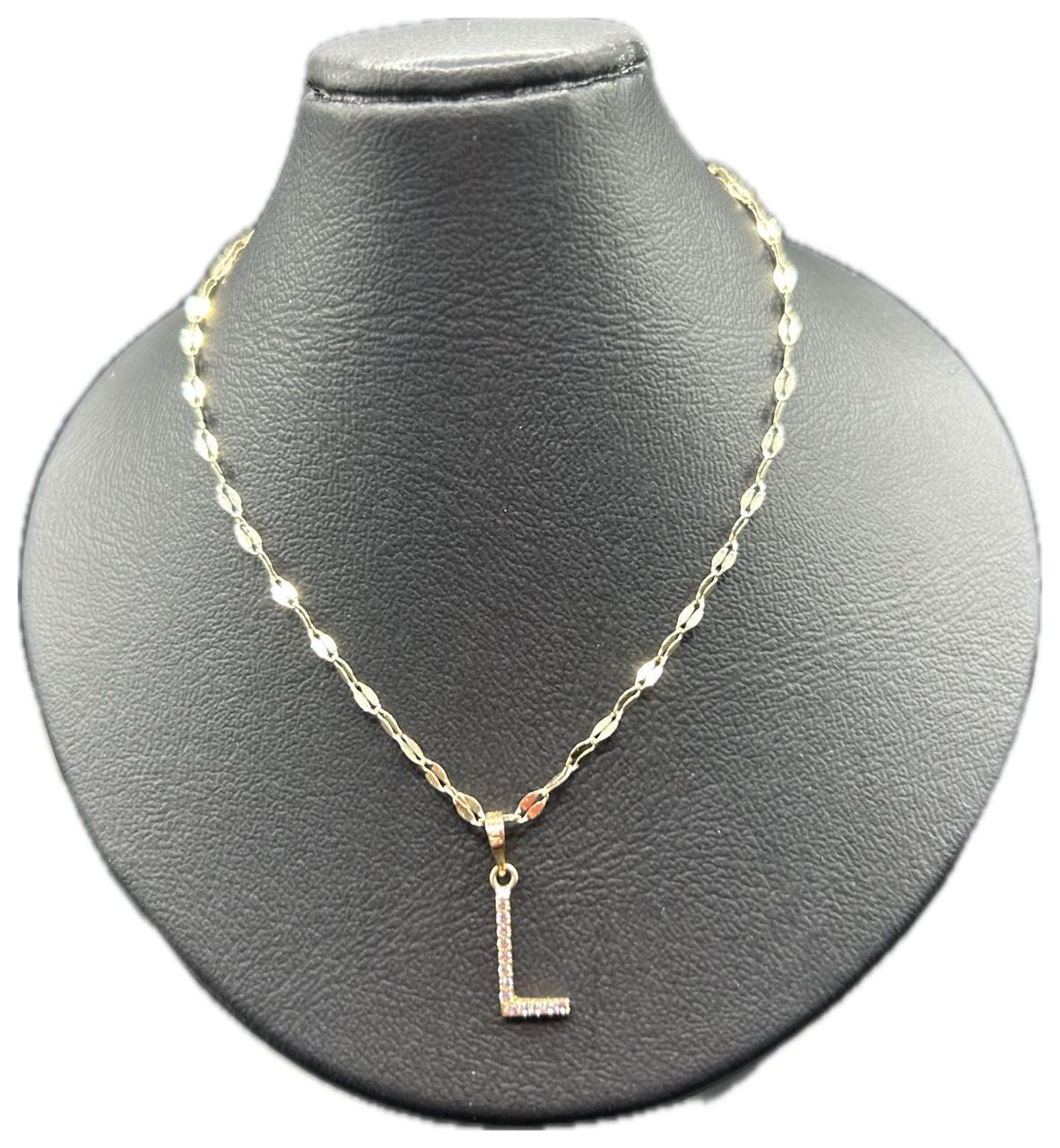 DIJE/PENDIENTE DE LETRA CON ZIRCONIA Y CADENA 10K "L"