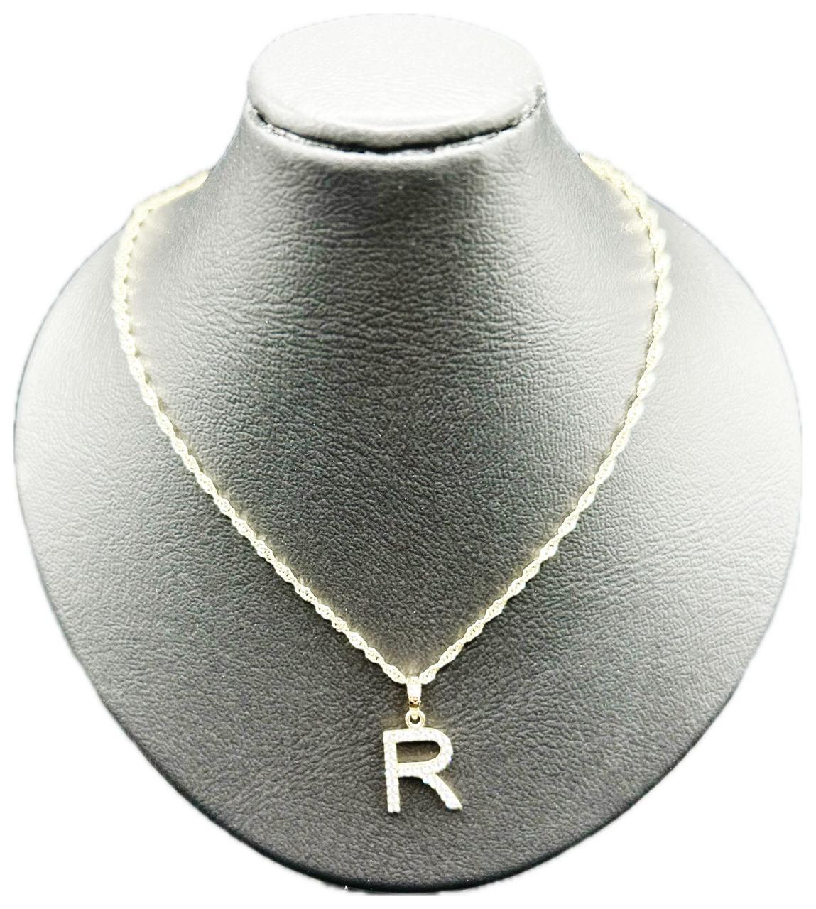 DIJE/PENDIENTE DE LETRA CON ZIRCONIA Y CADENA 10K "R"