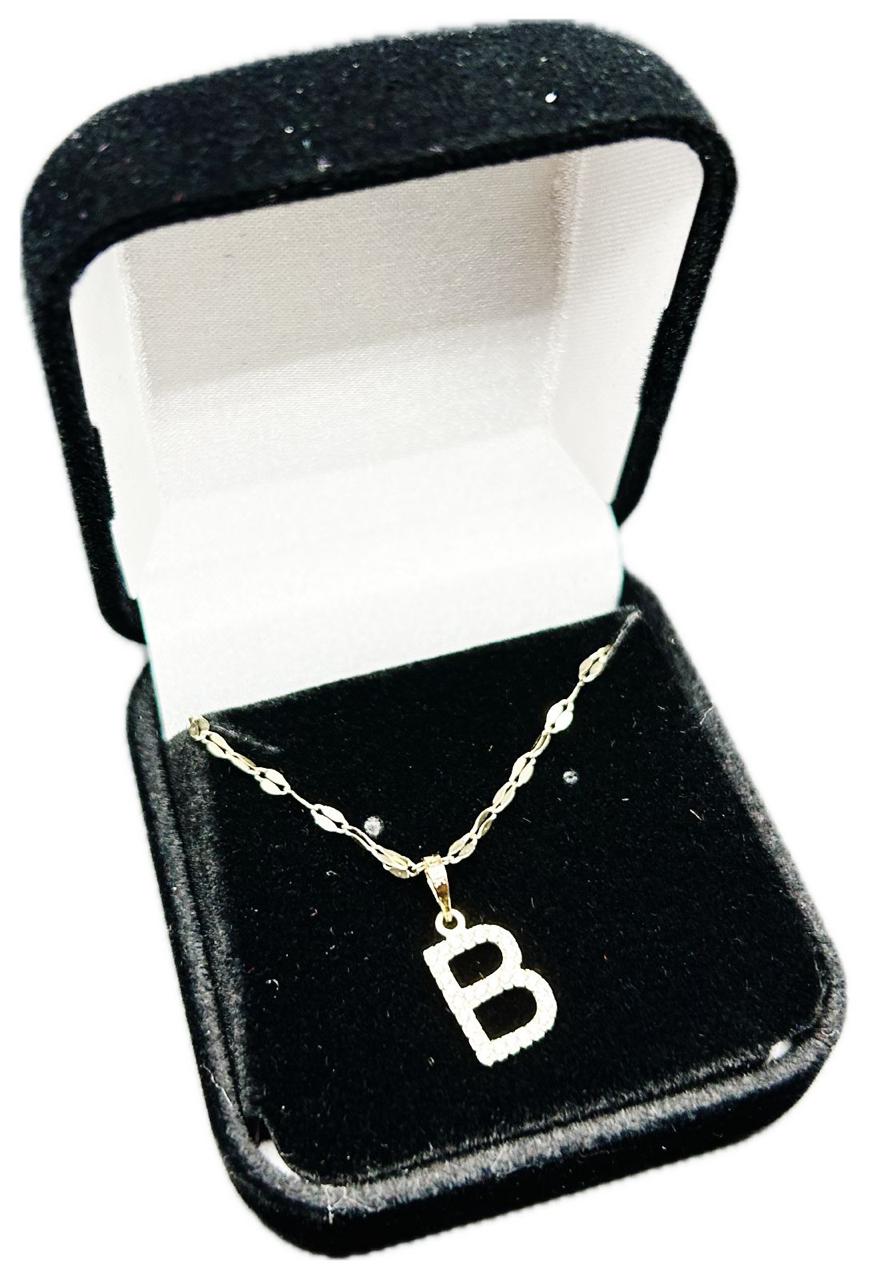 DIJE/PENDIENTE DE LETRA CON ZIRCONIA Y CADENA 10K "B"