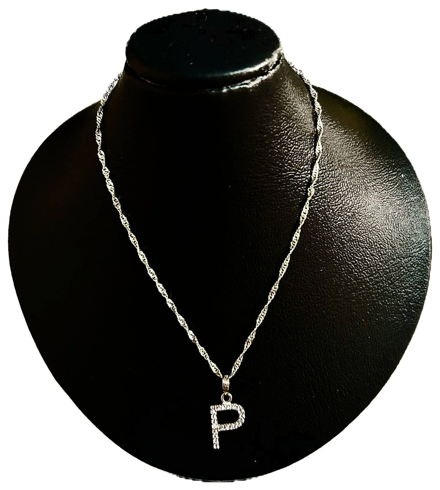 DIJE/PENDIENTE DE LETRA CON ZIRCONIA Y CADENA 10K "P"