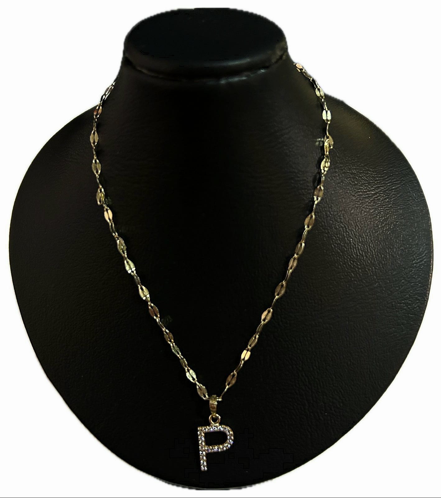 DIJE/PENDIENTE DE LETRA CON ZIRCONIA Y CADENA 10K "P"