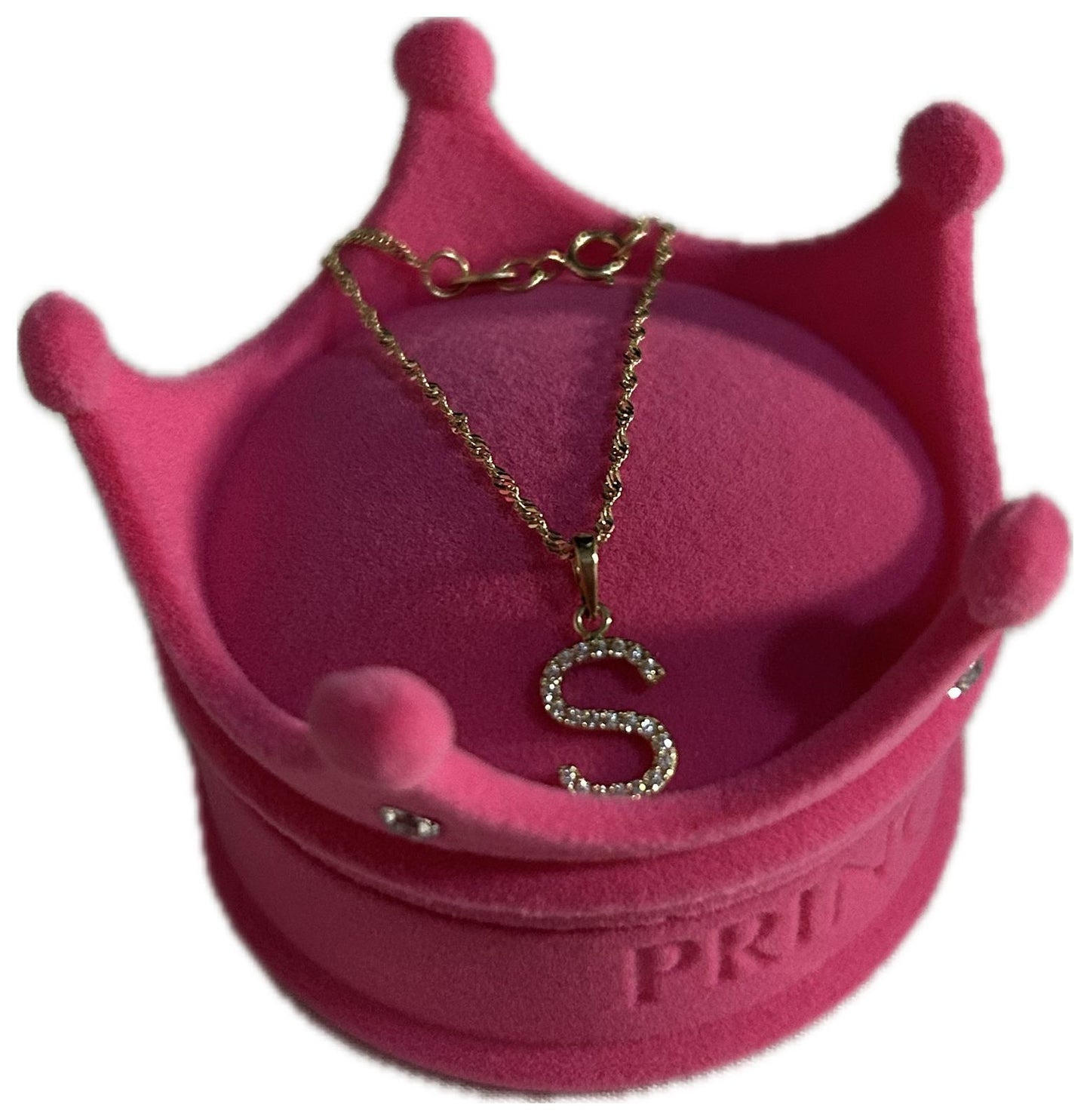 DIJE/PENDIENTE DE LETRA CON ZIRCONIA Y CADENA 10K "S"