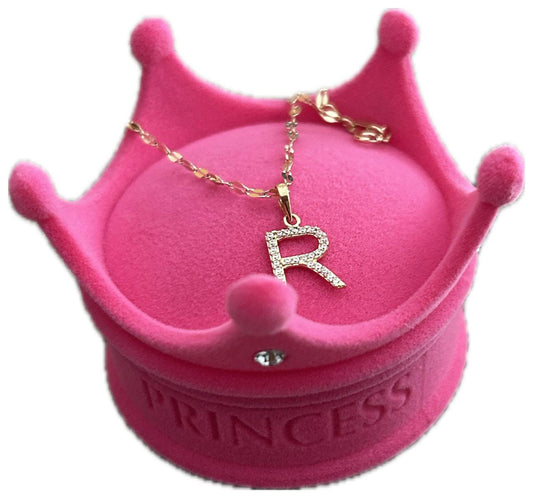 DIJE/PENDIENTE DE LETRA CON ZIRCONIA Y CADENA 10K "R"